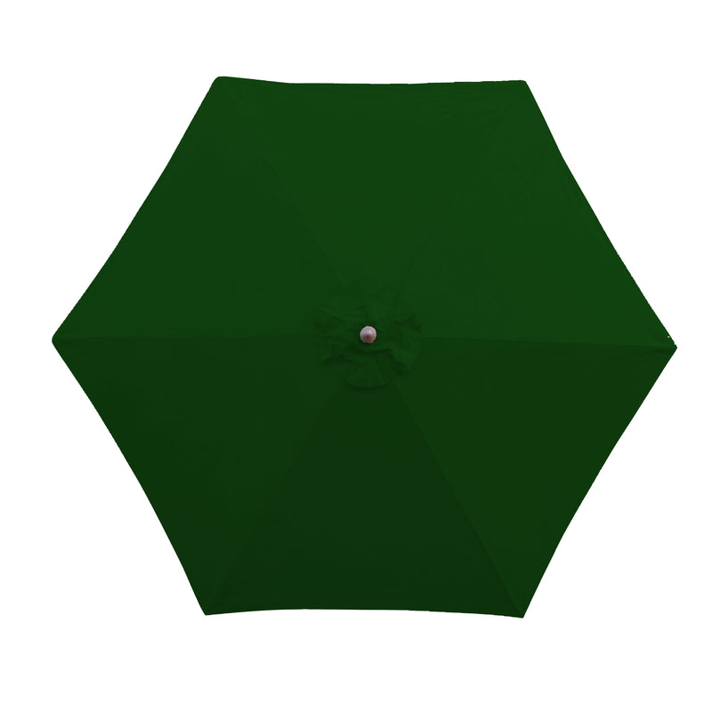 A top view of the 9ft Market Patio Umbrella 6 Rib Replacement Canopy in Forest Green by Formosa Covers showcases its hexagonal shape with a central hub made of UV-treated, durable polyester fabric. The material spans symmetrically from the middle, forming six distinct sections. The slightly raised central hub enhances the clean and uniform appearance of the umbrella.