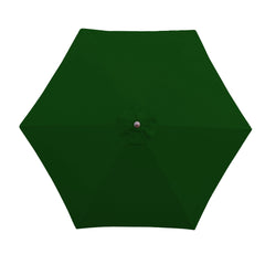 A top view of the 9ft Market Patio Umbrella 6 Rib Replacement Canopy in Forest Green by Formosa Covers showcases its hexagonal shape with a central hub made of UV-treated, durable polyester fabric. The material spans symmetrically from the middle, forming six distinct sections. The slightly raised central hub enhances the clean and uniform appearance of the umbrella.