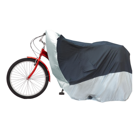 A red bicycle is partially covered with a black Adult Tricycle cover for Schwinn and Westport by Formosa Covers. The front wheel, handlebars, and part of the frame are visible, while the rest of the bicycle is obscured by the cover. The image is isolated on a white background.