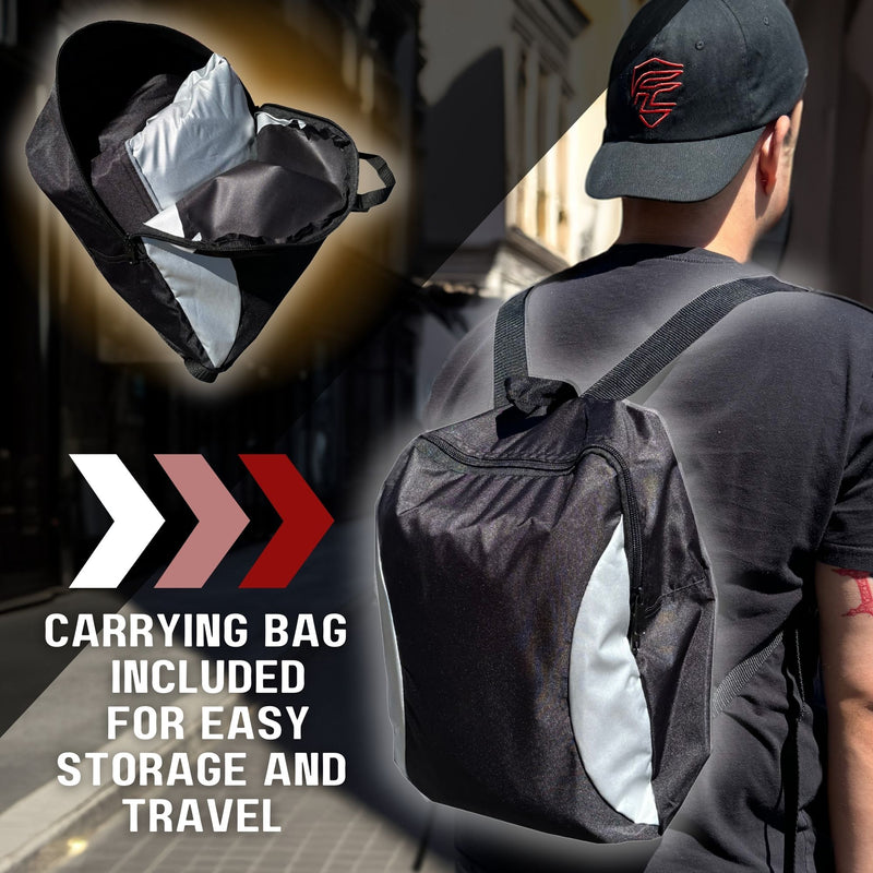 A person wearing a black backpack with white accents is seen from the back, standing on a street. Text overlay on the image reads "CARRYING BAG INCLUDED FOR EASY STORAGE AND TRAVEL." An inset shows the carrying bag folded inside out, featuring WeatherWarrior fabric for ultimate protection for your Formosa Covers Light Weight Motorcycle Cover (XL) with Cable & Lock, fitting up to 94" length medium cruisers and large sport bikes.