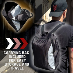 A person wearing a black backpack with gray accents, shown from the back. Text on the image reads, 