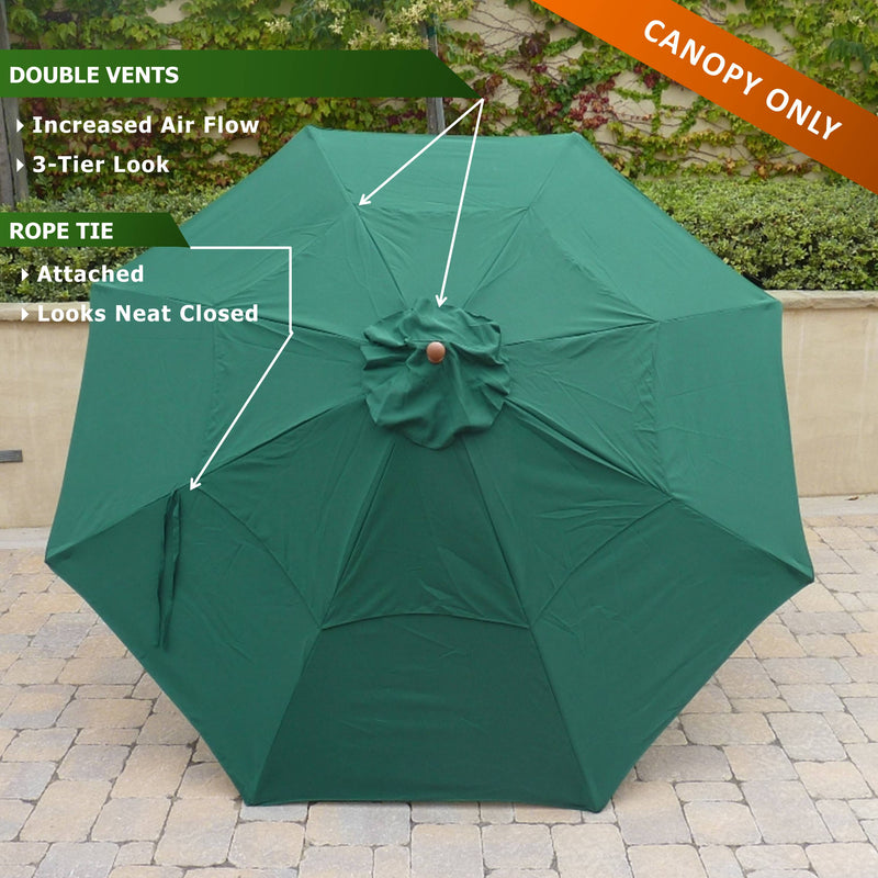 Introducing the 11ft Market Patio Umbrella Double-Vented 8 Rib Replacement Canopy in Hunter Green by Formosa Covers. It features an orange banner in the top right corner that says "CANOPY ONLY." The replacement canopy is labeled with key features such as "DOUBLE VENTS" for improved airflow, a stylish 3-tier design, and a handy "ROPE TIE" to keep it tidy when closed. Crafted from UV-treated material, this canopy promises durability and long-lasting use.