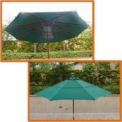 Two images of the Formosa Covers 11ft Market Patio Umbrella Double-Vented 8 Rib Replacement Canopy in Hunter Green. The top image shows the underside, displaying its UV-treated frame and spokes. The bottom image shows the umbrella from the side, revealing its shape and durable green fabric covering. Both are set against a garden background.