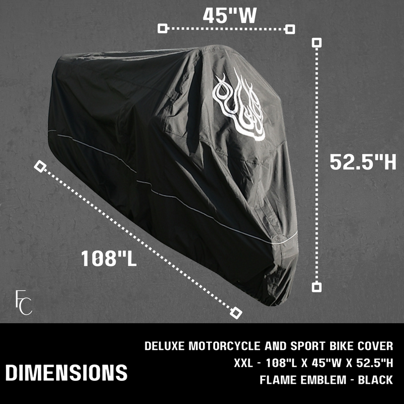 Introducing the Premium Motorcycle Cover with Night Reflector and Flame Emblem (XXL) by Formosa Covers. This black heavy-duty cover features a striking flame emblem and is designed with dimensions of 108 inches long, 45 inches wide, and 52.5 inches high. UV-treated for enhanced durability, it is elegantly presented against a dark gray background.