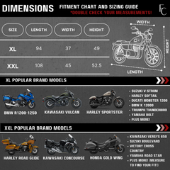 An infographic displaying a fitment chart and sizing guide tailored for XL and XXL motorcycles, enriched with tips on using the Premium Motorcycle Cover with Night Reflector and Flame Emblem (XXL) Black from Formosa Covers. The infographic features illustrations showing bikes, dimensions, and popular models such as BMW, Kawasaki, Harley, Suzuki, and Ducati. It's perfect for providing UV-treated protection with heavy-duty fabric solutions.