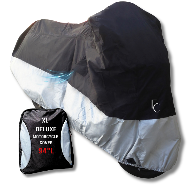 A black water-repellent motorcycle cover crafted from heavy-duty polyester sits on a bike, accompanied by a matching storage bag featuring the text: "Heavy Duty Motorcycle Cover with Cable & Lock (XL) Black" by Formosa Covers.