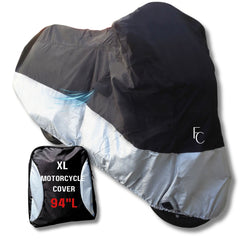 A black and gray Formosa Covers Deluxe Motorcycle Cover, both water-resistant and UV-treated, is shown draped over a motorcycle. Next to it is a black storage bag with white lettering that reads 