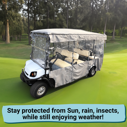 A golf cart with a Premium Tight Weave 6 Passengers Driving Enclosure Golf Cart Cover from Formosa Covers, designed to fit an EZGO 4+2 Bench, is parked on a green golf course. The cart is surrounded by a transparent shield that protects it from the elements. The text on the image reads, "Stay protected from sun, rain, and insects while still enjoying the weather!