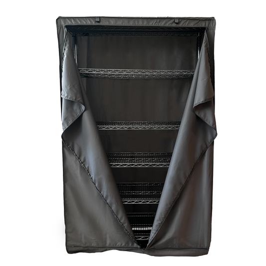 Charcoal grey wire shelving unit enclosure fits 48"W x 18"D x 72"H racks, made with water-repellent polyester fabric and features zippered access.