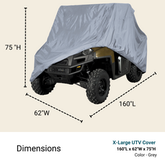 A photo of an extra-large UTV partially draped with a grey, heavy-duty Formosa Covers UTV cover. Designed for long-term storage, the cover measures 160 inches in length, 62 inches in width, and 75 inches in height. The front wheels and bumper of the UTV are exposed.