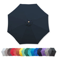 A top view of the Formosa Covers 11ft Market Patio Umbrella with a dark blue canopy and a wooden handle. Below, there is a row of 18 smaller umbrellas in various colors, ranging from white to shades of gray, red, orange, yellow, green, blue, purple, and black. This durable patio umbrella features UV-treated fabric for long-lasting protection.