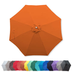 An overhead view of the large, octagonal, Tuscan Orange UV-treated 11ft Market Patio Umbrella with an 8-rib Replacement Canopy from Formosa Covers, showcased alongside various other water-repellent umbrellas in an array of colors such as red, green, blue, purple, and gray. The umbrella is symmetrical with a clearly visible canopy and central hub.