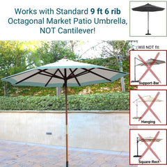 An outdoor setting featuring the 9ft Market Patio Umbrella with a 6 Rib Replacement Canopy in Duet Light Blue from Formosa Covers, boasting UV-treated fabric. Text indicates this umbrella is incompatible with support-bar, hanging, or square-rect umbrellas. A backdrop of a stone wall and leafy greenery is visible.