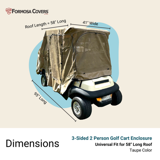 Image of a 2+2 Passenger Golf Cart Driving Enclosure Cover in taupe from Formosa Covers. This universal-fit Texteline Mesh accessory is designed for short roofs measuring 58" long, with overall dimensions of 58" roof length, 41" width, and 95" length. The enclosure fits over a white golf cart.