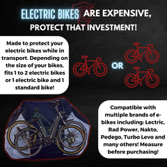 Electric bikes are a significant investment; ensure they are protected! The Formosa Covers Dual Bike Rack Cover for E-Bike Transport shields your e-bikes from UV and water damage. This cover fits 1-2 electric bikes or an electric and standard bike, and is compatible with various e-bike brands. It's perfect for use on a hitch mount bike rack and features large translucent ends for convenience. Image of covered bikes shown.