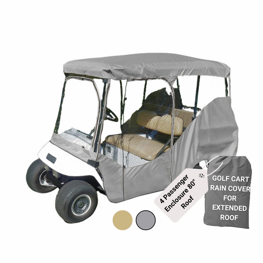 The 4 Passenger Long Roof Golf Cart Enclosure (Roof Length 80") by Formosa Covers features a gray rain cover with clear plastic windows for weather protection. It comes with a labeled storage bag that reads "Golf Cart Rain Cover for Extended Roof" and includes the text "4 Passenger Enclosure 80" Roof." Beige and gray color samples are provided, making it ideal for accommodating up to four passengers.