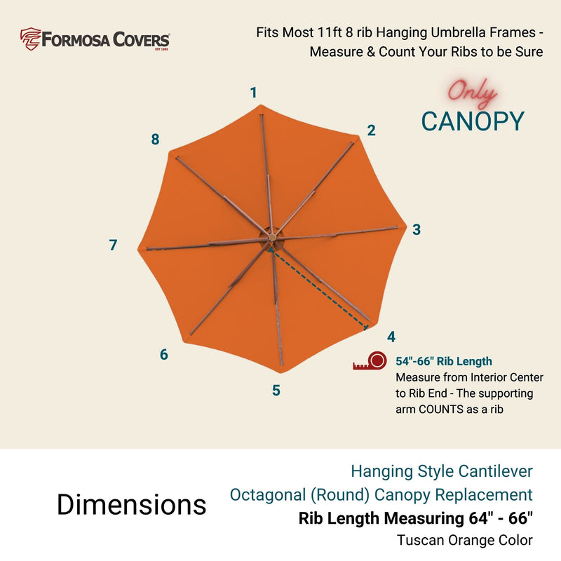 The 11ft Cantilever Hanging Umbrella 8 Rib Replacement Canopy Tuscan Orange by Formosa Covers is specifically designed for hanging style cantilever umbrellas. Crafted from durable polyester fabric, this UV-treated and water-resistant canopy is compatible with frames that have an 11ft 8-rib structure and rib lengths ranging from 54” to 66”. Text on the image provides detailed dimensions and measurement information.