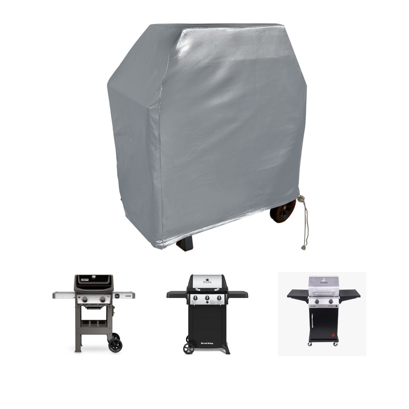 The image displays a Formosa Covers BBQ Outdoor Grill Cover in Grey Vinyl (36"L x 26"D x 46"H), providing all-weather protection. It is positioned above three uncovered BBQ grills, each featuring a distinct design and configuration.