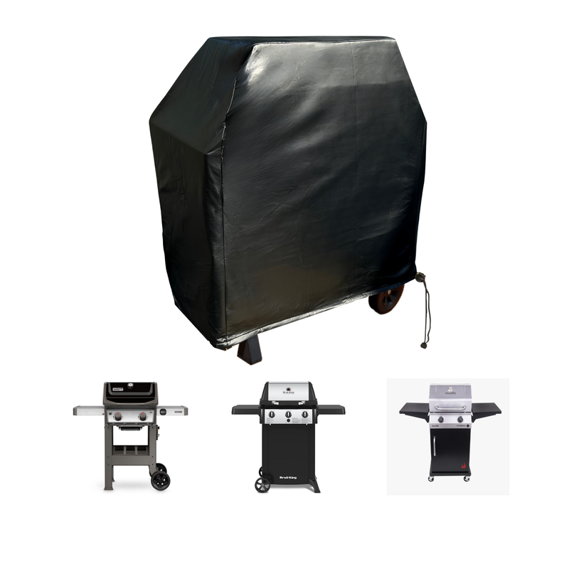 Three gas grills are placed side by side, with the grill in the center protected by the Formosa Covers BBQ Outdoor Grill Cover 36"L x 26"D x 46"H Black Vinyl. The grills feature metallic finishes, including side shelves, control knobs, and wheels for easy mobility. The black vinyl cover offers all-weather protection, ensuring durability against various elements.