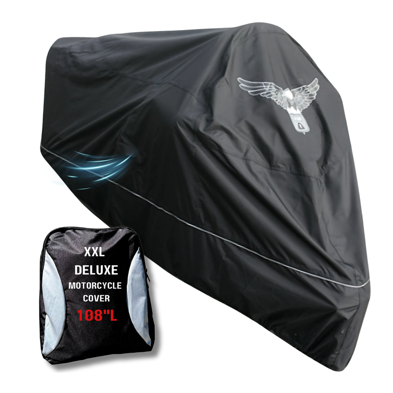 A black XXL Premium Motorcycle Cover with night reflector and an eagle emblem from Formosa Covers drapes elegantly over the bike. Beside it sits a matching storage bag, displaying "XXL Premium Motorcycle Cover 108''L" in bold white and red text, crafted from heavy-duty fabric for ultimate durability.