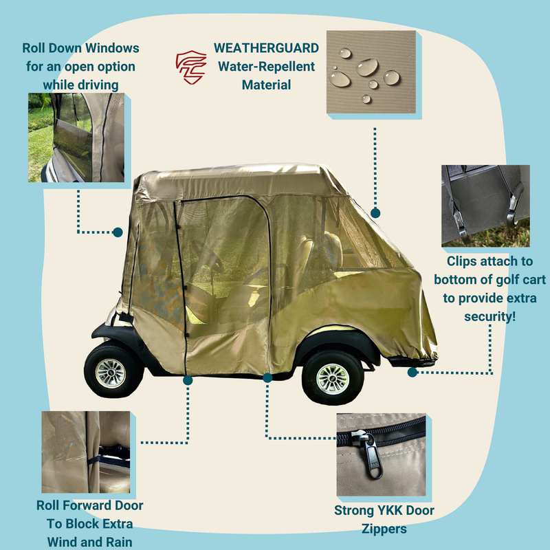 4 Passenger Golf Cart Driving Enclosure Cover (2 Passenger Short Roof 58") Textiline Mesh Taupe