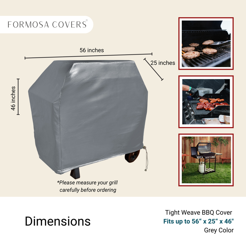 Image showing a grey Formosa Covers BBQ Outdoor Grill Cover with dimensions of 56 inches in length, 25 inches in depth, and 46 inches in height. Three inset images show burgers grilling, meat being basted, and the covered BBQ in a garden. Text reads, "Please measure your grill carefully before ordering." This heavy-duty coverage offers all-weather protection.