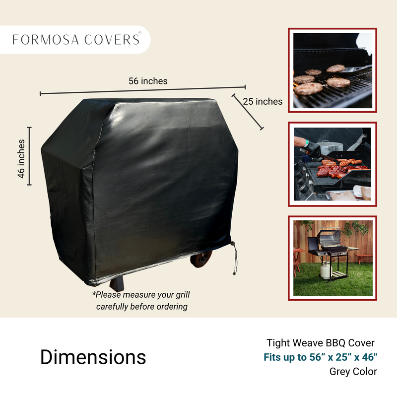 Image showing a BBQ grill covered with a black Formosa Covers BBQ Outdoor Grill Cover, made of tight weave vinyl and featuring detailed dimensions: 56 inches long, 25 inches deep, and 46 inches high. The sidebar includes photos of the grill in use and placed outdoors. Text advises measuring your grill before ordering for all-weather protection.