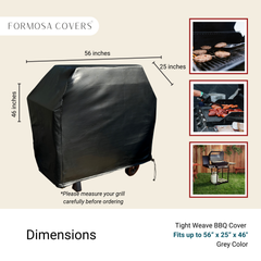 Image showing a BBQ grill covered with a black Formosa Covers BBQ Outdoor Grill Cover, made of tight weave vinyl and featuring detailed dimensions: 56 inches long, 25 inches deep, and 46 inches high. The sidebar includes photos of the grill in use and placed outdoors. Text advises measuring your grill before ordering for all-weather protection.