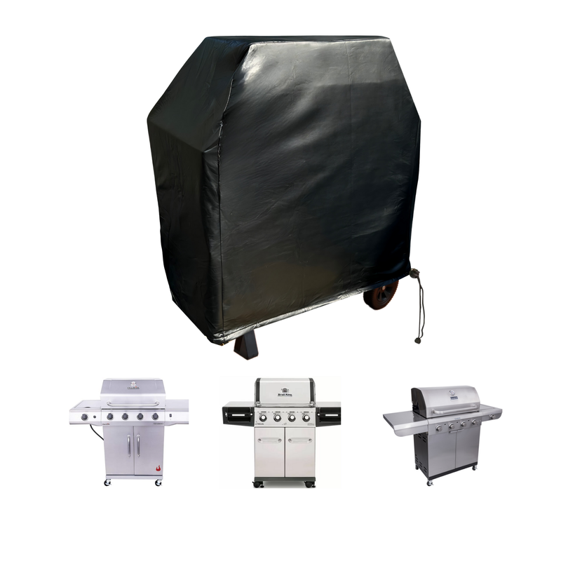 The image shows four different types of outdoor grills. The top grill is protected by a Formosa Covers BBQ Outdoor Grill Cover, measuring 48"L x 24"D x 40"H and made from black vinyl, while the three grills beneath it are uncovered. Each uncovered grill has a unique design, featuring multiple burners and storage sections.