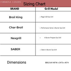 Formosa Covers provides a sizing chart for their BBQ Outdoor Grill Cover 48