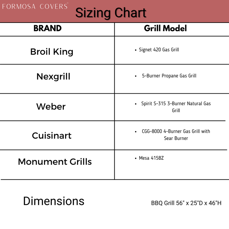 Here's a sizing chart for BBQ grills by brand and model: 
- Broil King (Signet 420 Gas Grill)
- Nexgrill (5-Burner Propane Gas Grill)
- Weber (Spirit S-315 3-Burner Natural Gas Grill)
- Cuisinart (CGG-8000 4-Burner Gas Grill with Sear Burner)
- Monument Grills 

Recommended Cover: Formosa Covers BBQ Outdoor Grill Cover 56"L x 25"D x 46"H Black Vinyl