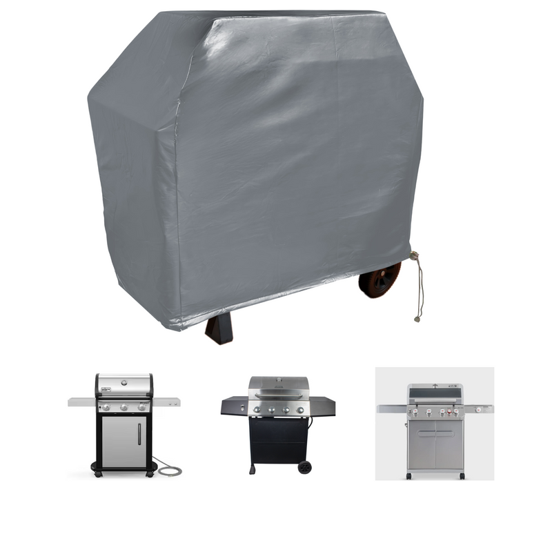 At the top of the image, there is a large barbecue grill protected by a Formosa Covers BBQ Outdoor Grill Cover, sized 56"L x 25"D x 46"H and made of grey vinyl. Below it, three uncovered barbecue grills are featured in various designs: one with a side burner, another with wheels, and a third with a cabinet base.