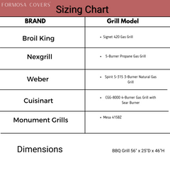 A sizing chart for grill models with brands listed vertically and specific models listed horizontally. Brands include Broil King, Nexgrill, Weber, Cuisinart, and Monument Grills. Dimensions are provided at the bottom: 56