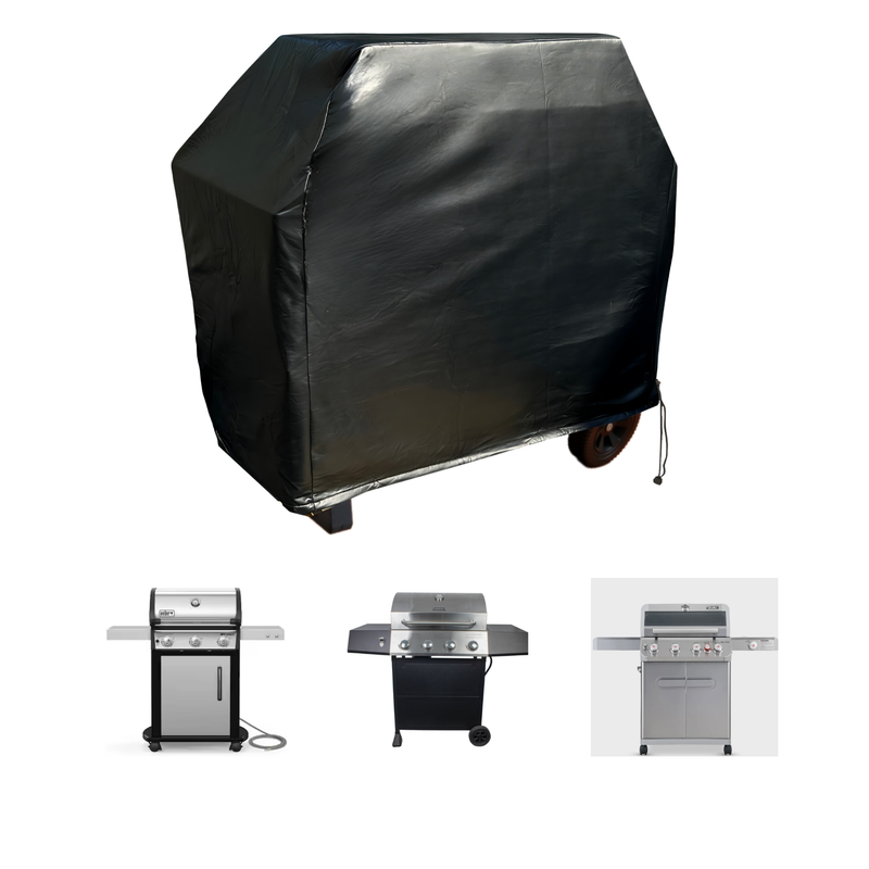 At the top, a Formosa Covers BBQ Outdoor Grill Cover in black vinyl (measuring 56"L x 25"D x 46"H) is shown protecting a large grill with all-weather durability. Below it are three different uncovered grills: one featuring two burners and open sides, another with two burners and a black body, and the last one with three burners and a stainless steel body.