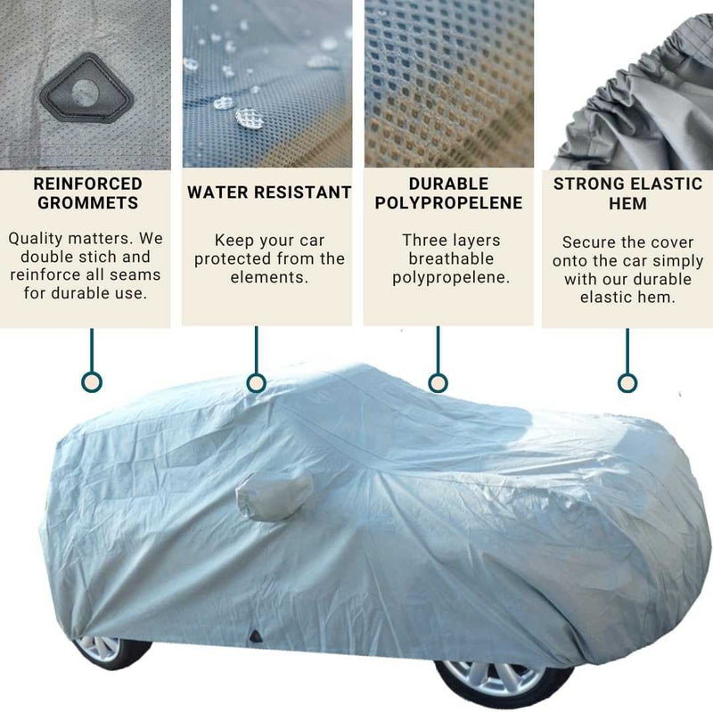 The Formosa Covers Car Cover, designed for the Mini Cooper Hardtop 2 Door and 4 Door, Convertible, Coupe up to 158"L, fits securely around the vehicle. It highlights protective features such as reinforced grommets, water resistance, durable polypropylene construction, and a sturdy elastic hem. The UV-treated fabric imagery showcases water droplets and texture intricacies.