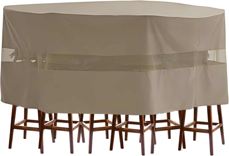 The Patio Bar Height Dining Set Cover by Formosa Covers, measuring 98"Dia./L x 41"H, is a classic taupe, water-resistant cover made from UV-treated polyester. It includes a transparent panel at the center that allows you to see the high bar dining table and stools underneath, with the wooden legs visible at the bottom.