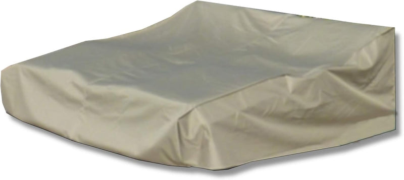 A Classic Taupe cover from Formosa Covers, specifically the Patio Double Chaise Lounge Cover 84"L x 60"W x 24"H, is elegantly draped over a large outdoor daybed. It serves as a weatherproof shield with a smooth and slightly reflective finish, offering both protection and an anti-UV safeguard for your patio furniture.