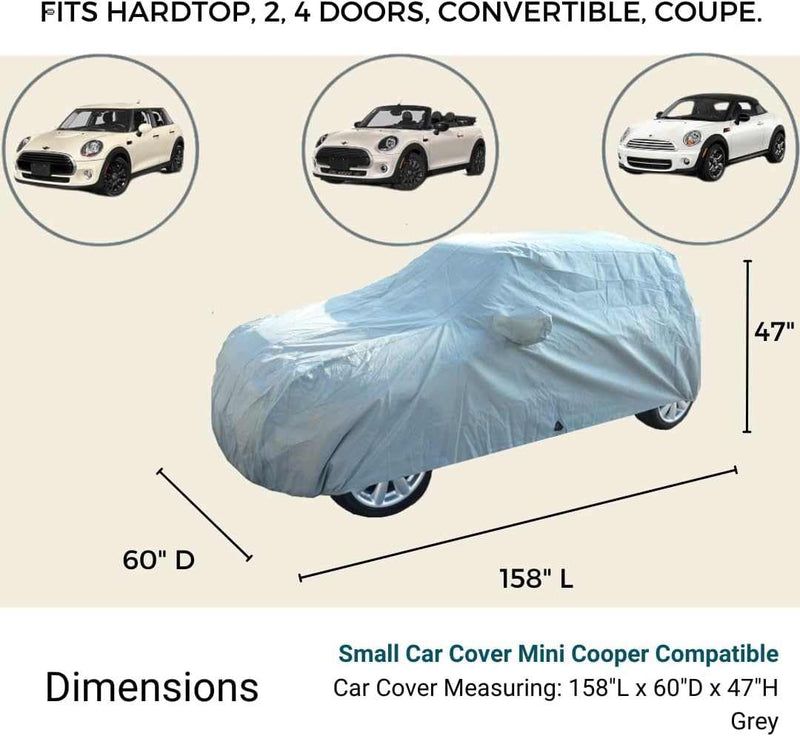 The Formosa Covers Car Cover, designed specifically for Mini Cooper Hardtop 2 Door and 4 Door, Convertible, and Coupe models, fits vehicles up to 158 inches in length. Featured above the stylish grey cover are three images showcasing different Mini Coopers.