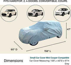 The Formosa Covers Car Cover, designed specifically for Mini Cooper Hardtop 2 Door and 4 Door, Convertible, and Coupe models, fits vehicles up to 158 inches in length. Featured above the stylish grey cover are three images showcasing different Mini Coopers.