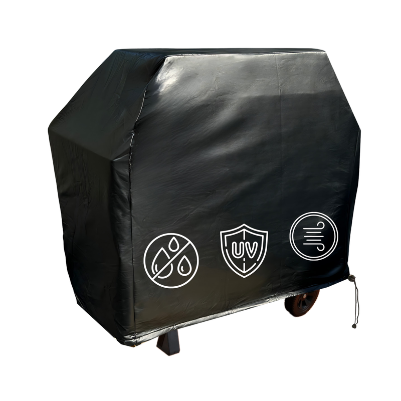 The Formosa Covers BBQ Outdoor Grill Cover 84"L x 26"D x 48"H in black vinyl is draped over outdoor equipment, featuring icons that highlight its all-weather protection, UV resistance, and wind resistance. A drawstring on one side ensures the waterproof cover stays securely in place.