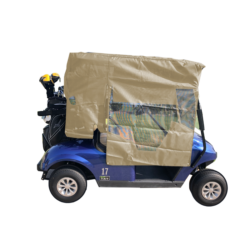 A Yamaha Drive golf cart with the number 17 on its side is covered by a Formosa Covers Golf Cart Sun Shade UV Mesh Top Cover Exclusive For Yamaha Drive 70" Roof in beige. The cover, which features a mesh panel design and transparent plastic windows for interior visibility, provides UVA/UVB protection. A set of golf clubs is stationed at the back against a white background.