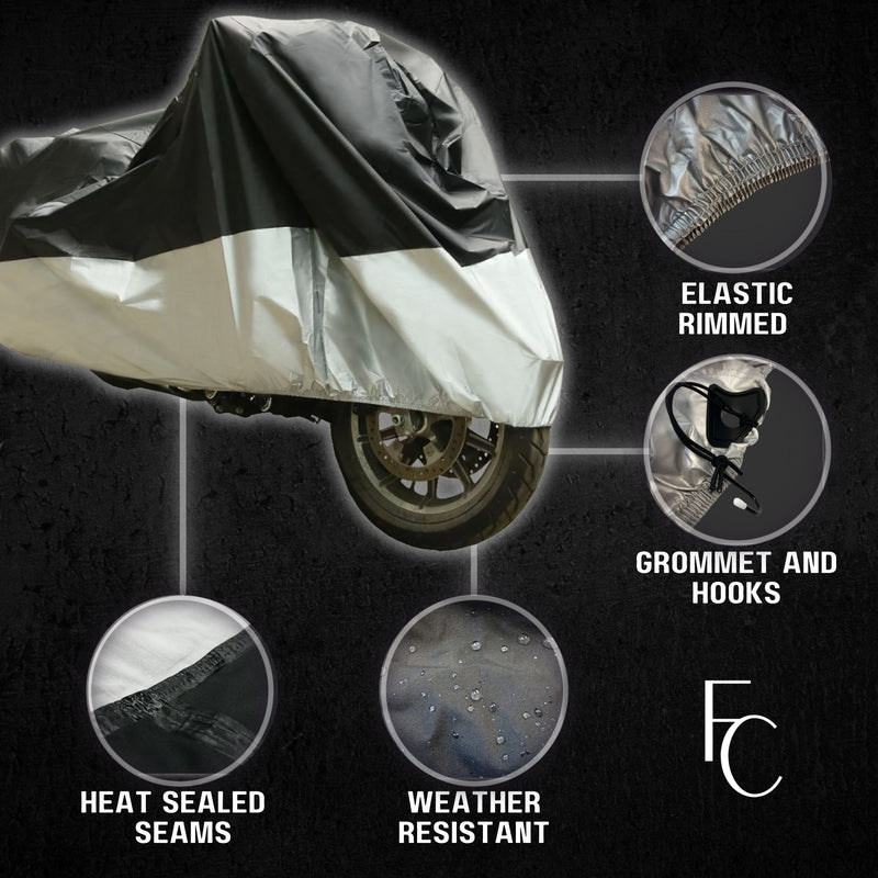 A black XXL Heavy Duty Motorcycle Cover with Cable & Lock from Formosa Covers is seen protecting a motorcycle. The cover features an elastic-rimmed edge, grommets and hooks, heat-sealed seams, and weather-resistant material made from heavy-duty Weather-Guard polyester. The image showcases these attributes against a dark textured background, with the "FC" logo displayed in the bottom right corner.