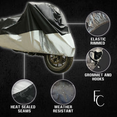 A black XXL Heavy Duty Motorcycle Cover with Cable & Lock from Formosa Covers is seen protecting a motorcycle. The cover features an elastic-rimmed edge, grommets and hooks, heat-sealed seams, and weather-resistant material made from heavy-duty Weather-Guard polyester. The image showcases these attributes against a dark textured background, with the 