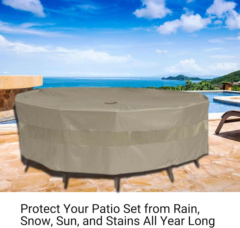 A round patio set accompanied by the Formosa Covers Patio Set Cover for Square or Round Table (70"Dia./L x 30"H) in Classic Taupe, made from durable polyester fabric, is showcased on a stone patio overlooking a swimming pool, lush greenery, and a distant ocean view under a blue sky. Text below reads: "Protect Your Patio Set from Rain, Snow, Sun, and Stains All Year Long.