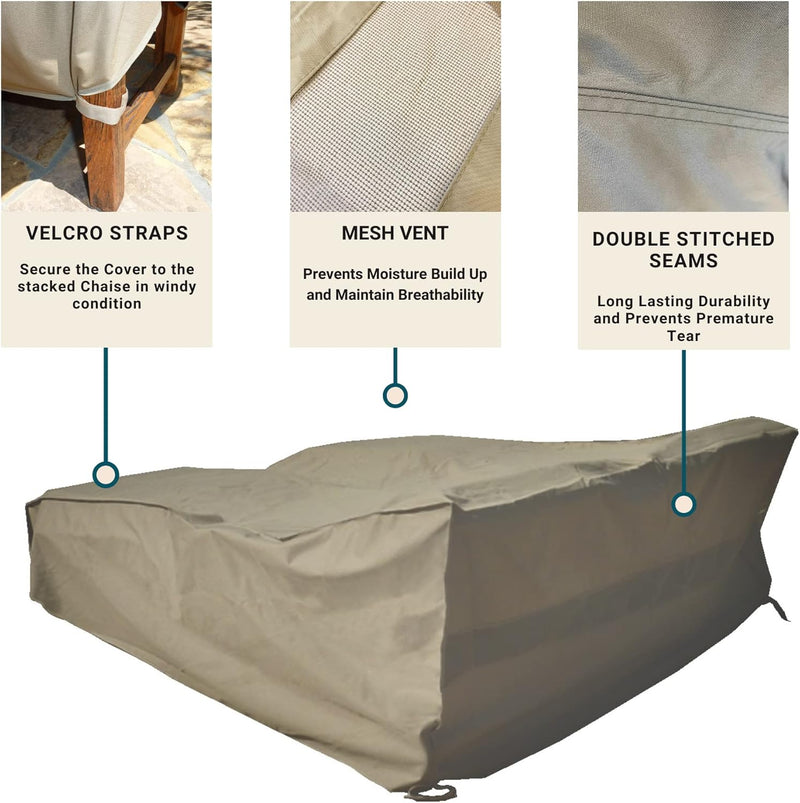 The image features the Formosa Covers Patio Double Chaise Lounge Cover in Classic Taupe, measuring 84"L x 60"W x 24"H. This weatherproof cover includes Velcro straps for secure attachment to your chaise and a mesh vent to prevent moisture buildup. Its double-stitched seams enhance durability, while the anti-UV material provides excellent protection for your outdoor daybed against the elements.