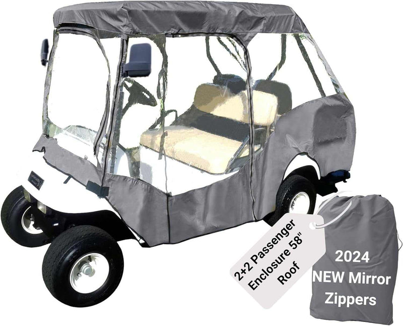 A gray 2+2 Passenger Golf Cart Driving Enclosure Cover by Formosa Covers, designed for a 4-passenger short roof of 58 inches, includes transparent sides and a YKK door zipper for convenient entry. In the foreground, a bag displays "2024 NEW Mirror Zippers," emphasizing its modern design and improved visibility.