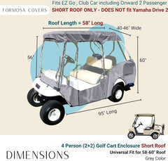 The Formosa Covers 2+2 Passenger Golf Cart Driving Enclosure Cover is a durable option designed for 4-person carts. It features YKK door zippers and transparent windows, accommodates roofs up to 58 inches, and has dimensions of 95