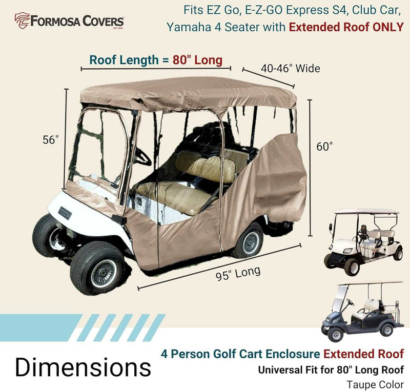 A Formosa Covers 4 Passenger Golf Cart Driving Enclosure Cover, in taupe and designed for four-seater carts with an 80" long roof, includes specifications like the overall dimensions and compatible models. An accompanying image illustrates a rain cover installed on a golf cart to provide added protection against the elements.