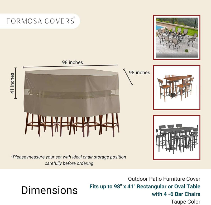 Image of the Formosa Covers Patio Bar Height Dining Set Cover, crafted for a high bar dining table with 4-6 chairs. The taupe cover features UV-treated polyester and is designed to fit dimensions up to 98" in diameter/length by 41" in height. It is water-resistant and includes a diagram illustrating dimensions and furniture arrangement.