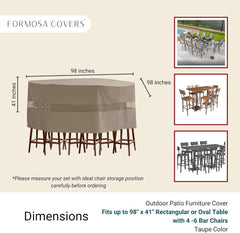 Image of the Formosa Covers Patio Bar Height Dining Set Cover, crafted for a high bar dining table with 4-6 chairs. The taupe cover features UV-treated polyester and is designed to fit dimensions up to 98